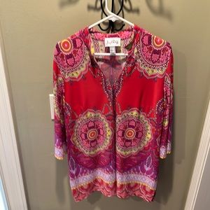 EUC Joseph Ribkoff Bright Pink Kaftan Tunic Top Sz 14 3/4 sleeves